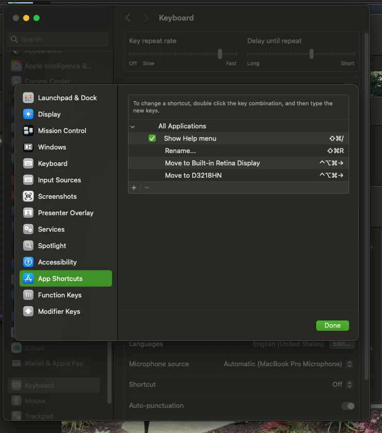 App Shortcuts panel in Keyboard settings showing Move to display entries