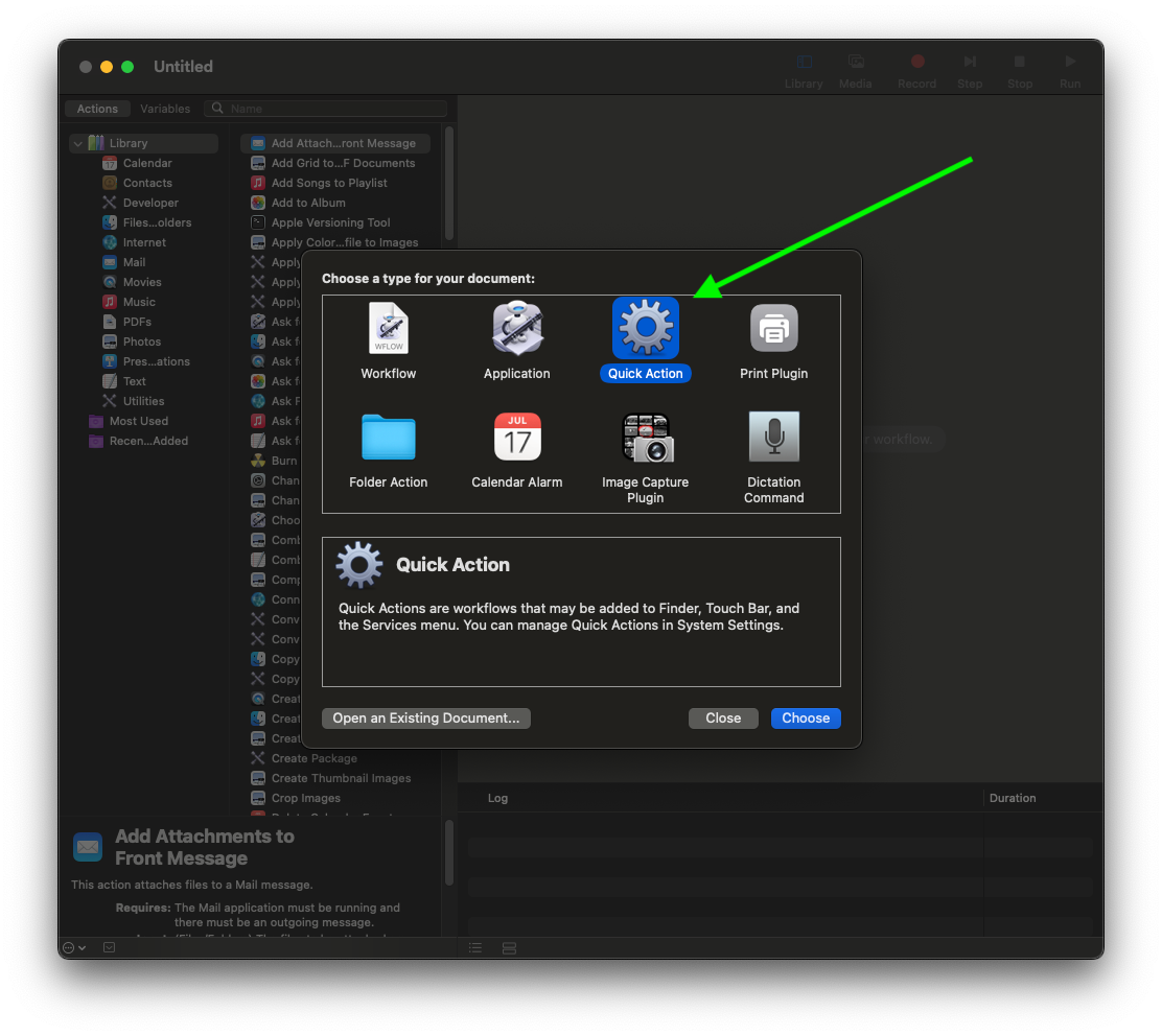 Automator quick action window