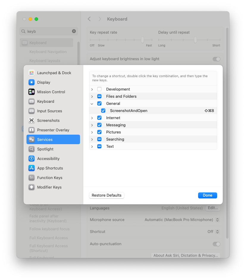 Keyboard shortcut assigned to ScreenshotAndOpen