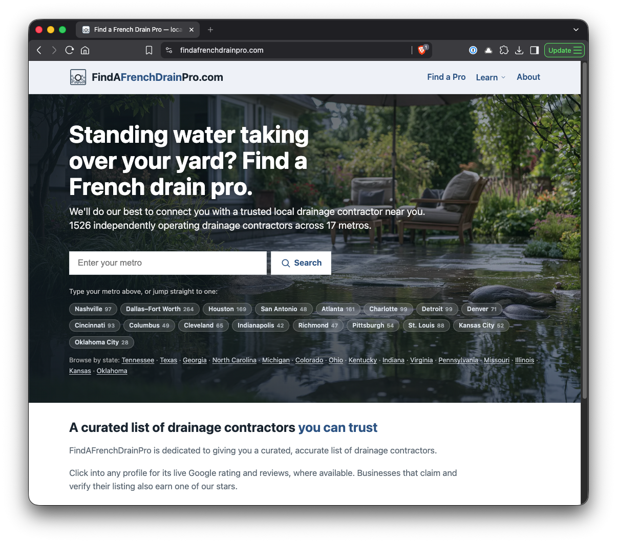 FindAFrenchDrainPro.com homepage with a rain-soaked yard and metro-by-metro contractor counts
