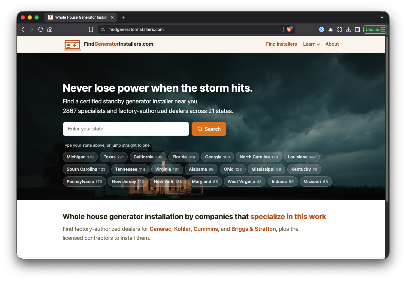 FindGeneratorInstallers.com homepage with state-by-state installer counts