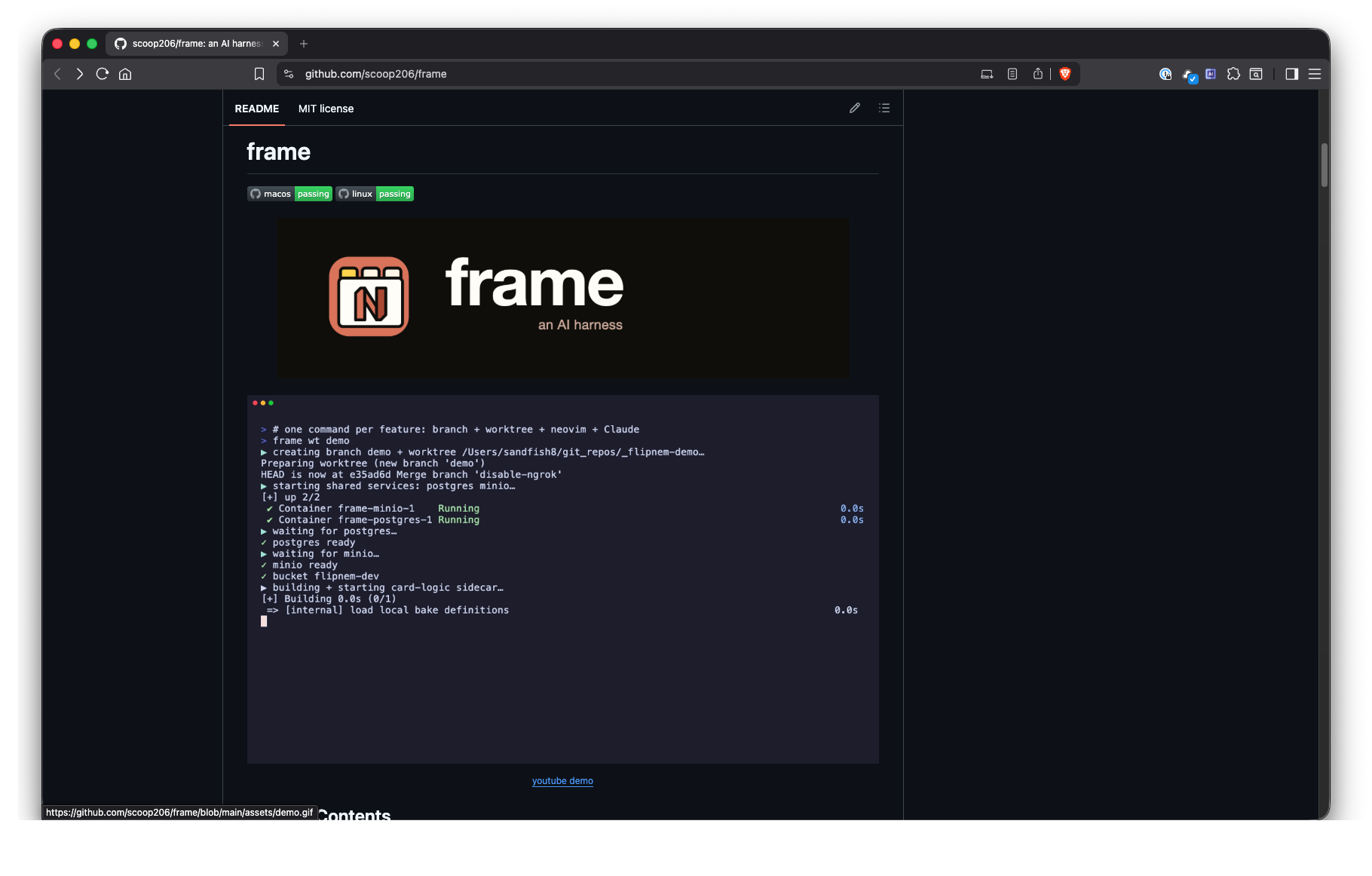 Frame — an AI harness — with the frame wt demo command spinning up a branch, worktree, and shared services