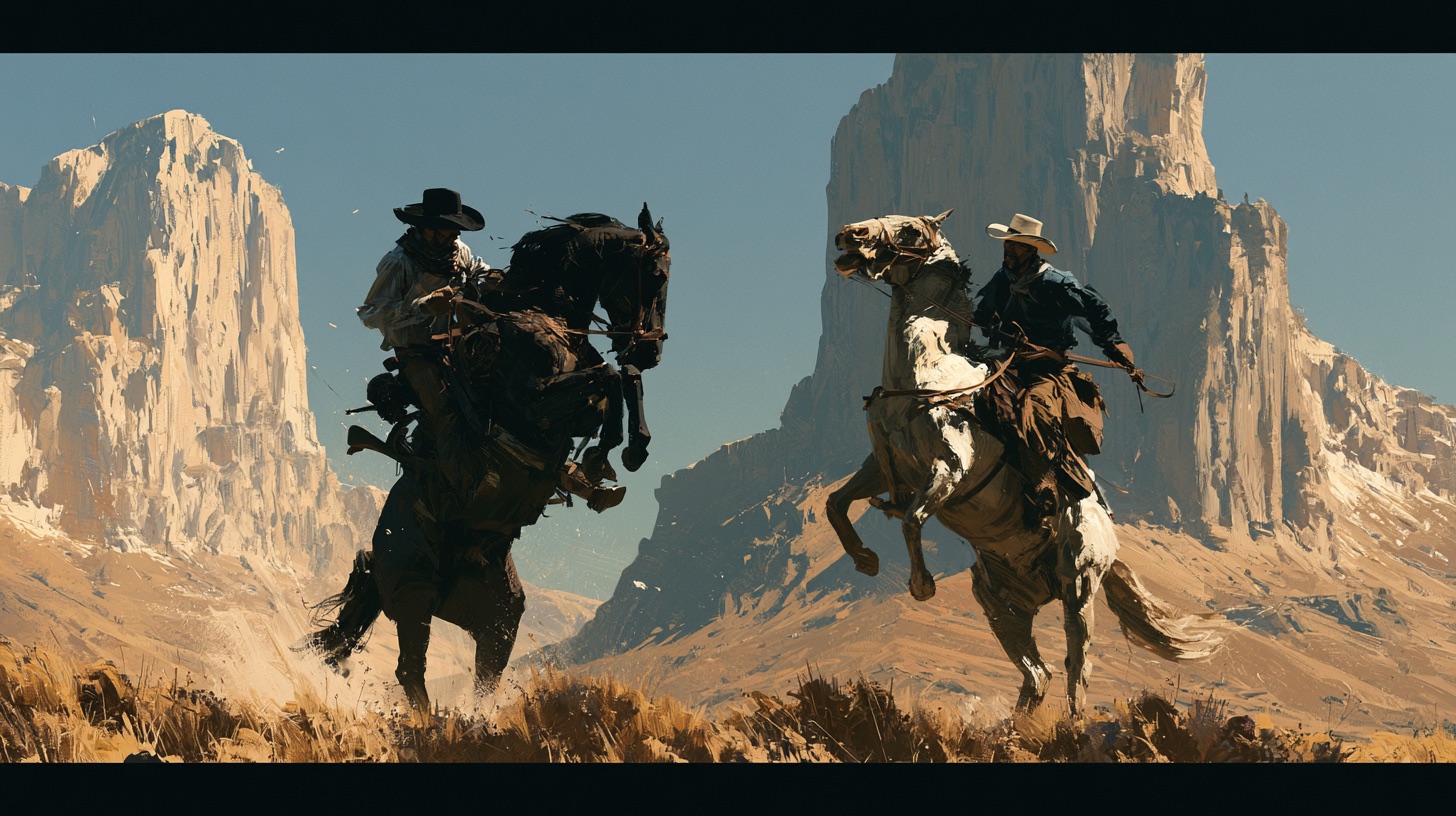 A black-hat cowboy on a dark rearing horse faces off against a white-hat cowboy on a white rearing horse in a wide Western landscape