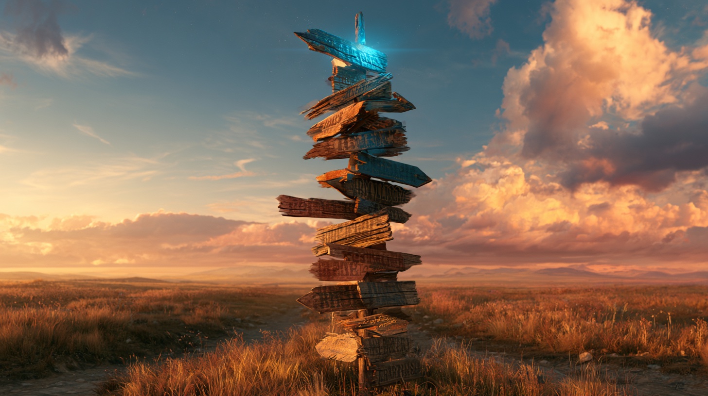 A tall weathered signpost stacked with dozens of hand-painted wooden directional signs on a golden-hour prairie, the topmost sign glowing with soft blue light