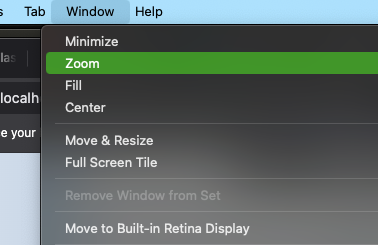 Window menu showing the Zoom command